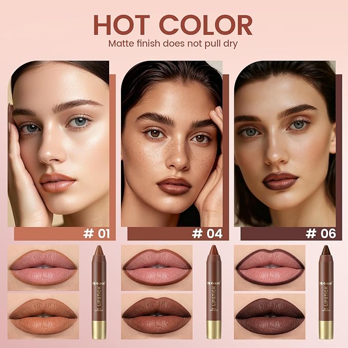 Noerrors 3Pcs Dark Brown Lip Liner and Lipstick Set Kit for Women Light Brown Matte Fall Lipstick Shades Set Lip Stain Long Lasting Lipstick 24 hour Waterproof and Lip Liners Pencil Set Brown Makeup