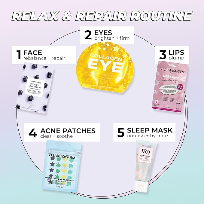 Vitamasques Probiotic Blackberry Face Sheet Mask 7 Pack - Korean Skin Care Facial Mask Rebalances & Repairs Skin with Multi Molecular Hyaluronic Acid - Natural & Biodegradable