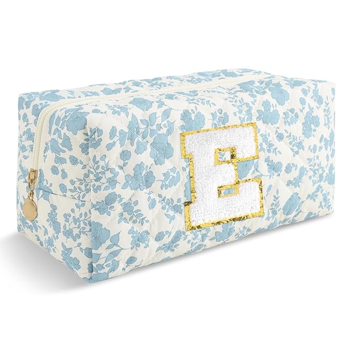 Personalized Quilted Cosmetic Bag, Puffy Monogrammed Christmas Birthday Gifts for Women & Girls, Cute initial Floral Makeup Bag Puffer Coquette Bag, Aesthetic Travel Toiletry Zipper Pouch(Blue,E)