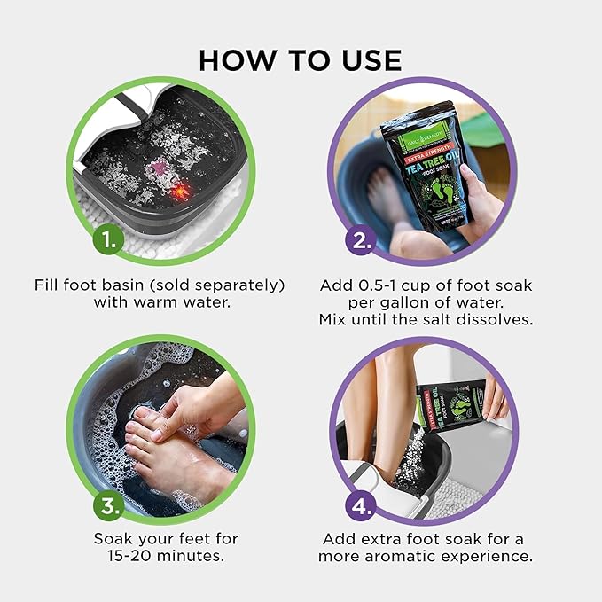 DAILY REMEDY 4-Pack - 2 Extra Strength Tea Tree Oil & 2 Calming Lavender Foot Soak Set - Made in USA - Soothes Sore Tired Feet, Athletes Foot, and Softens Calluses - 64 oz