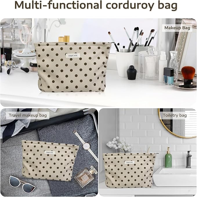 Wudygirl Makeup Bag Makeup Pouch for Women Corduroy Cosmetic Bag Portable Travel Toiletry Bag Large Capacity Make up Organizer with Zipper（Beige Polka Dot）