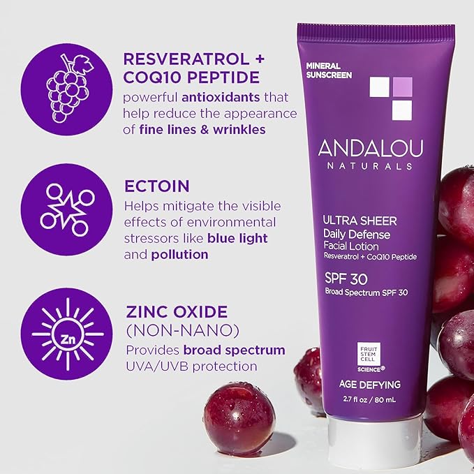Andalou Naturals Age Defying Ultra Sheer Daily Defense Mineral Sunscreen SPF 30 | Face Lotion with Zinc Oxide | Lightweight Anti-Aging Sun Protection | 2.7 fl oz