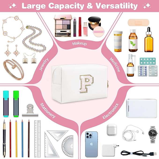 Small Initial Patch Makeup Bag Personalized Gifts Make Up Bag,White Cute PU Leather Glitter Letter Cosmetic Bag with Zipper,Trendy Portable Travel Toiletry Pouch,Preppy Stuff for Teen Girls Women P