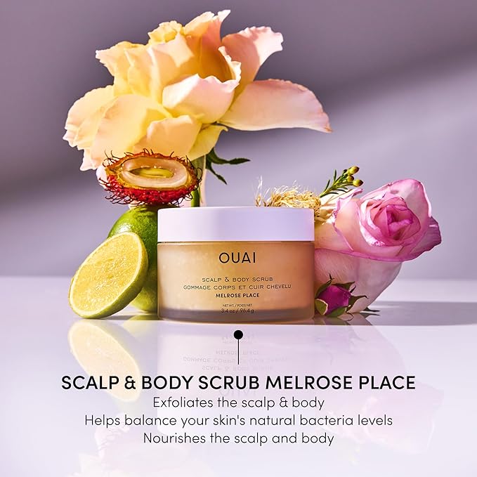 OUAI Scalp & Body Scrub Travel Size, Melrose Place - Exfoliating Body Scrub with Sugar & Coconut Oil Blend for Smooth, Moisturized Skin - Gentle for Removing Product Build Up (3.4 Oz)