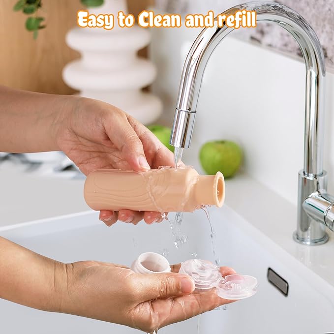 GLAMFIELDS TSA Approved Travel Bottles for Toiletries, 3oz Size Leak Proof Silicone Containers for Shampoo, Conditioner,Easy to Squeeze and Portable, Essentials for Traveling (4 Pack) Apricot