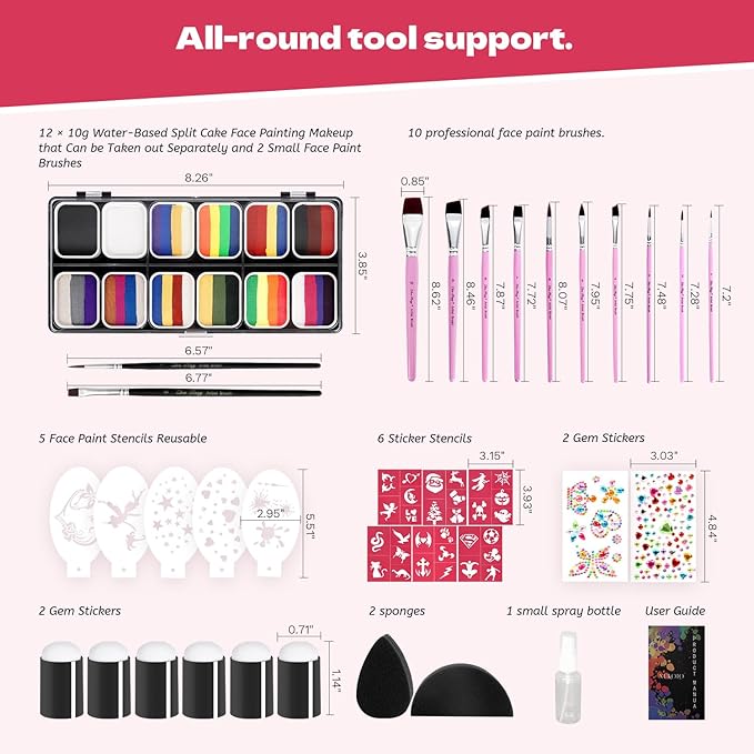 Professional Face Painting Kit for Kids Adults-12*10g Non Toxic Water Activated Face Paint Kit With Brushes,Stencils，Gem Stickers;Halloween,Carnival;Water Based Facepaint Makeup Kit for Kids Party