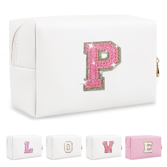 Small Initial Patch Makeup Bag Personalized Gifts Make Up Bag,White Cute PU Leather Glitter Letter Cosmetic Bag with Zipper,Trendy Portable Travel Toiletry Pouch,Preppy Stuff for Teen Girls Women P