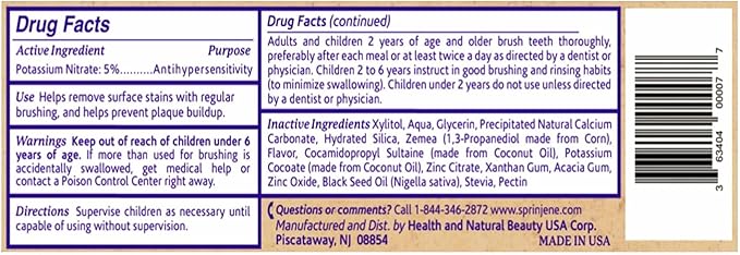 SprinJene Fluoride Free Toothpaste - Patented Natural Toothpaste with Black Seed Oil & Zinc - Made in The USA - Vegan Non Fluoride for Fresh Breath Preservative Free (1 Pack)