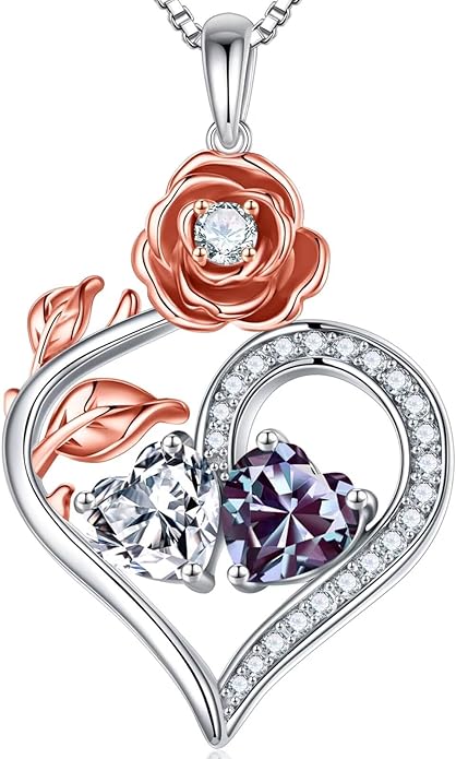 Iefil Rose Heart Birthstone Necklaces for Women - 925 Sterling Silver Double Birthstone Necklace, Anniversary Birthday Gifts for Women, Jewelry Gifts for Wife Her
