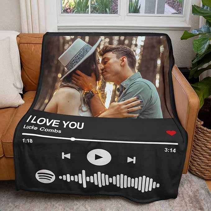 Personalized Spotify Code Music Blanket Custom Blanket with Picture Text Customized Blankets Thows Photo Blankets Customize Gifts for Mom Dad Couple Girlfriend Boyfriend Wife Husband