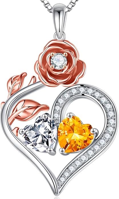 Iefil Rose Heart Birthstone Necklaces for Women - 925 Sterling Silver Double Birthstone Necklace, Anniversary Birthday Gifts for Women, Jewelry Gifts for Wife Her
