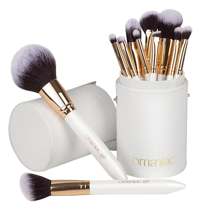 OMANIAC Makeup Brush Set Professional, 12 Pearlescent Wood Handle Makeup Brushes, Premium Cruelty-Free Synthetic Fiber Hair, Travel Make up Brushes Set with Case (White).