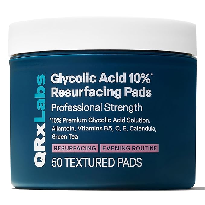 QRxLabs Glycolic Acid - Resurfacing Peel Pads - 50-Count Jar - Exfoliating Face Pads With Vitamins B5, C & E & Green Tea Extract - Calendula & Alcohol-Free Rinse-Free
