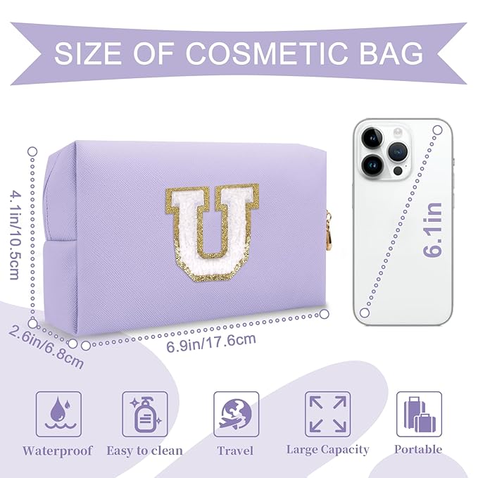 Personalized Makeup Bag Initial A-Z Preppy Patch Bag,Small PU Leather Travel Cosmetic Bag Pouch with Zipper,Purple Cute Toiletry Bag,Gift Ideal for Teen Girls Women Birthday Friend Mom,Latter U