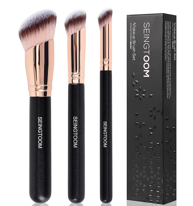 Angled Foundation Brush Contour Conceal Brush Set, 3Pcs Angled Synthetic Kabuki Makeup Brush for Face Blush Bronzer Travel Buffing Stippling Contour Powder Liquid Blending