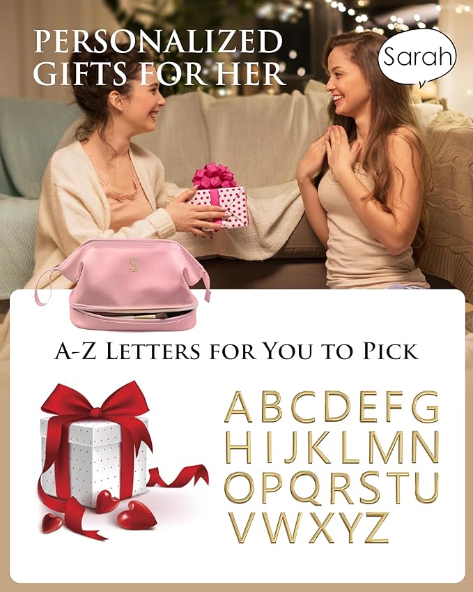 Initial Makeup Bag, Personalized Large Capacity Cosmetic Bag with Makeup Brush Organizer, Waterproof, PU Leather Pink Makeup Pouch Travel Skincare Bag, with 1 Drawstring Toiletry Organizers