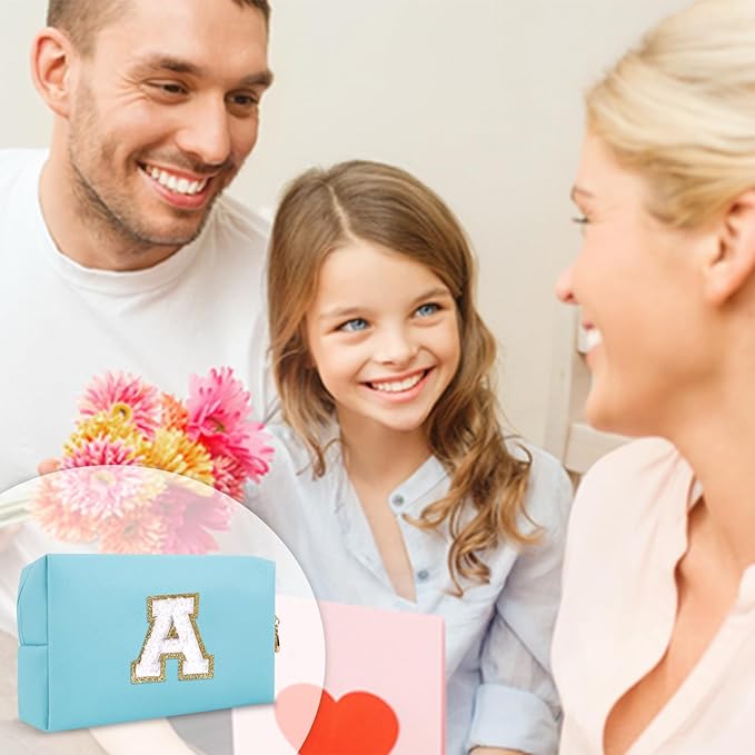 Small Personalized Initial A-Z Preppy Patch Makeup Bag,PU Chenille Letter Travel Cosmetic Pouch with Zipper,Blue Cute Toiletry Bag,Gift Ideal for Teen Girls Women Teacher Bridesmaid,Letter A