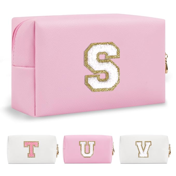 Personalized Initial A-Z Preppy Patch Makeup Bag,Small PU Chenille Letter Cosmetic Bag with Zipper for Teen Girls,Pink Cute Toiletry Organizer Bag,Monogram Makeup Case Gift for Women Girls,Letter S