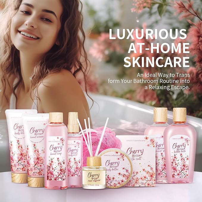 Green Canyon Spa Gifts Baskets for Women, 11pcs Cherry Blossom Spa Relaxing Gift Bags Sets with Shower Gel, Body Lotion, Christmas Birthday Gifts for Her, Mothers Day Gifts