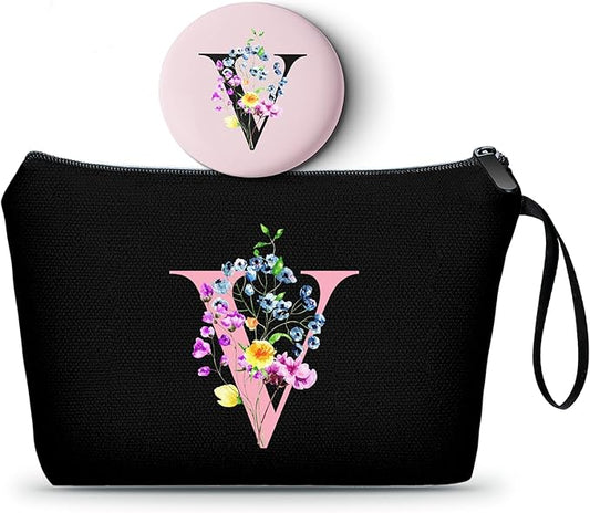 Mom Birthday Thank You Appreciation Gifts for Women Aunt Teacher Coworkers Bride Bridesmaid Monogrammed Travel Makeup Cosmetic Bag with Mirror Valentines Mothers Day Christmas Graduation V