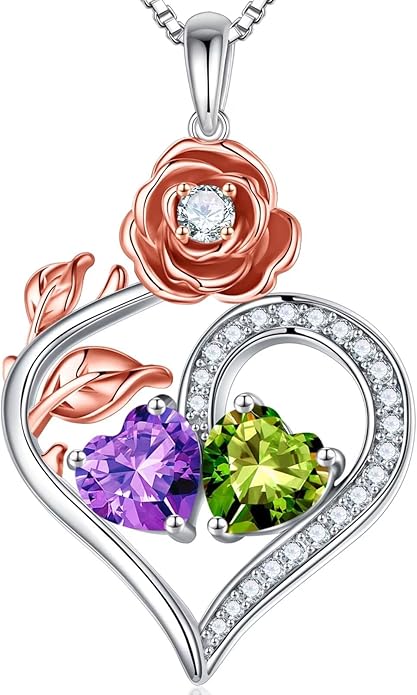 Iefil Rose Heart Birthstone Necklaces for Women - 925 Sterling Silver Double Birthstone Necklace, Anniversary Birthday Gifts for Women, Jewelry Gifts for Wife Her