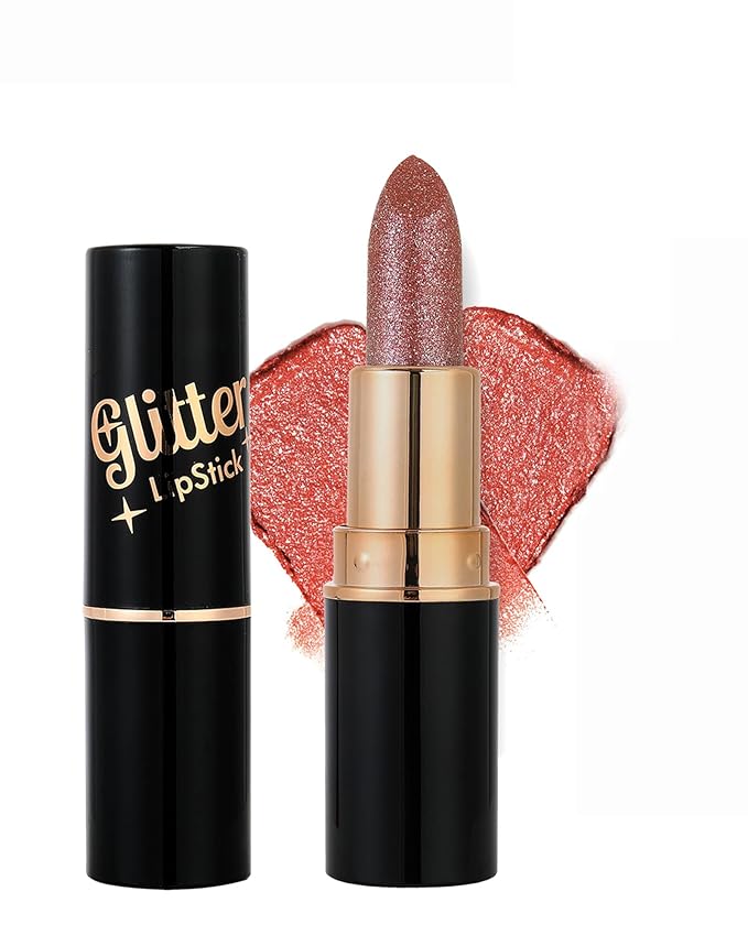 Brown Red Metallic Glitter Lipstick Long Lasting, Diamond Nude Shimmer Lip Gloss High Pigmented Matte Lip Stick for Women, Sparkling Shiny Transfer Proof Non Stick Tinted Lip Color Balm Makeup-04