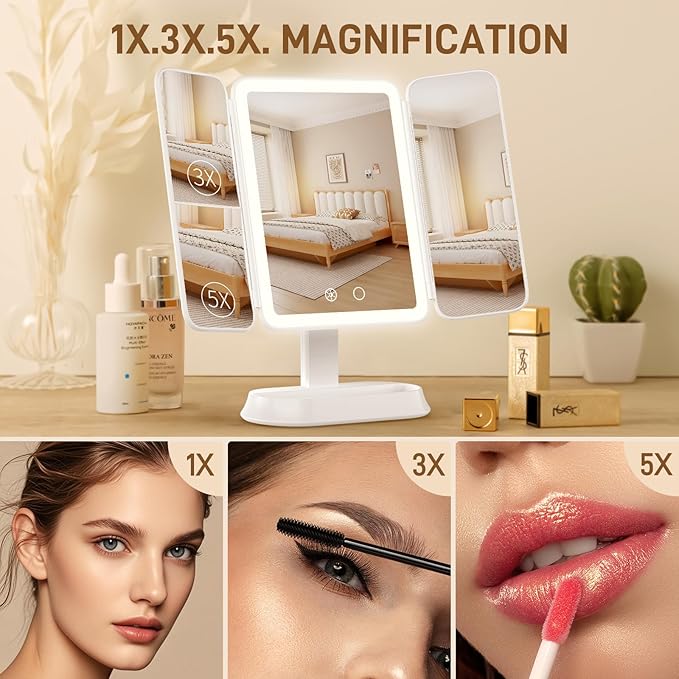 Vanity Mirror with Lights, Rechargeable Lighted Makeup Mirror with 1X/3X/5X Magnification, Smart Touch 3 Colors Dimmable, Portable Trifold Light Up Mirror for Travel, Gifts for Women Girls