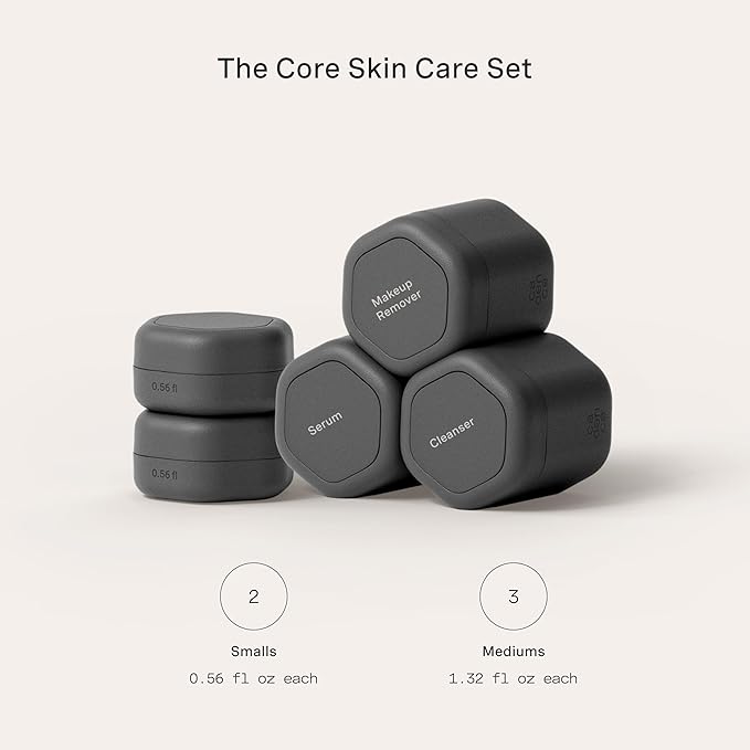 Cadence Travel Containers - Core Skincare Set - Magnetic Containers with Lids,2 Small (0.56oz) & 3 Medium (1.32oz) - Cleanser, Moisturizer, Serum, Makeup Remover & Sun Icon Labels - Charcoal