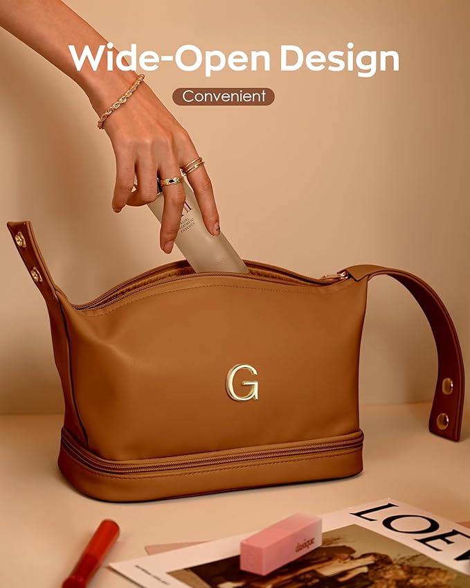 Teen Girl Gifts Trendy Stuff, Makeup Bags for Women with Handle, Initial Double Layer Cosmetic Bag with Makeup Brush Organizer, Cute Cosmetic Pouch for Women, Gifts for Friends Female Mom