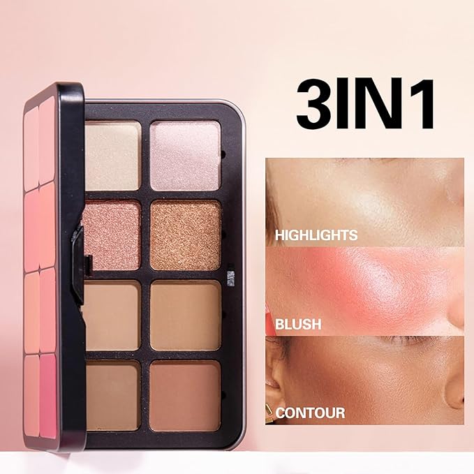 Blush Palette, 16 Colors Highlighter Blush Powder Makeup, Long-Wearing, Smudge Proof, Natural-Looking, Blendable Cruelty-Free Matte Finish, Cream Contour Palette and Blush Palette Face Makeup