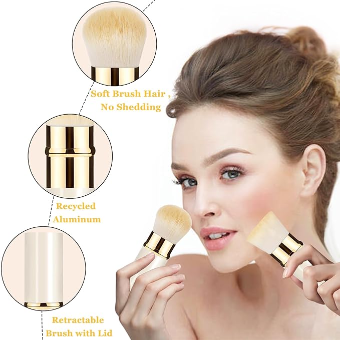 Retractable Kabuki Makeup Brush 2 Pack, Travel Powder Foundation Makeup Brush Face Blush Brushes for Blending Liquid, Blush, Bronzer, Buffing, Sunscreen,Flawless Cosmetics