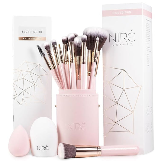 Niré Beauty 15piece Award Winning Pink Makeup Brushes: Pink Makeup Brush Set with Case, Makeup Sponge, Brush Cleaner, Guide, Gift Box