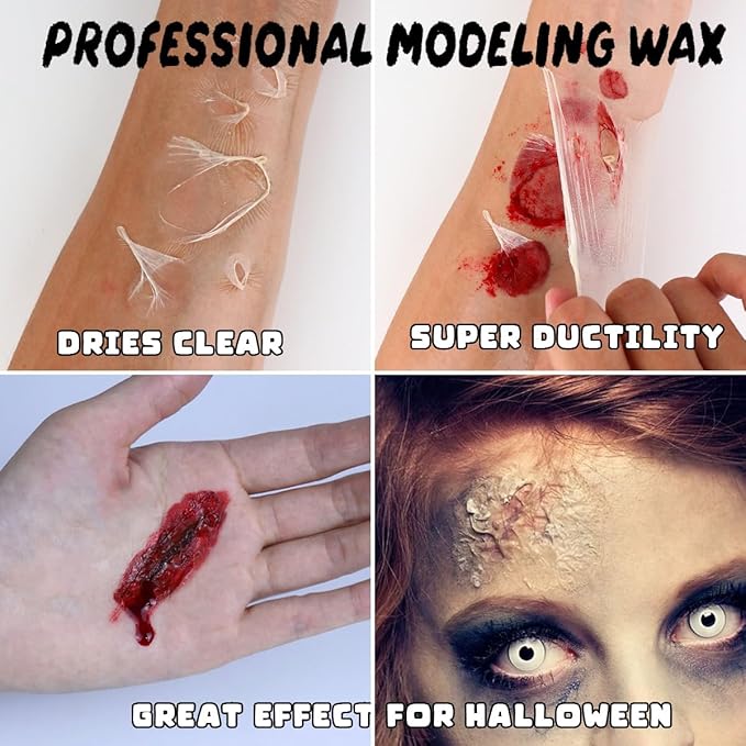 Bowitzki Halloween Makeup Set Special Effects Kit Cream Face Paint Water Based Liquid Latex Fake Blood Brush Sponges Body Painting SFX Zombie Vampire Monster Christmas Party (With Scar Wax)