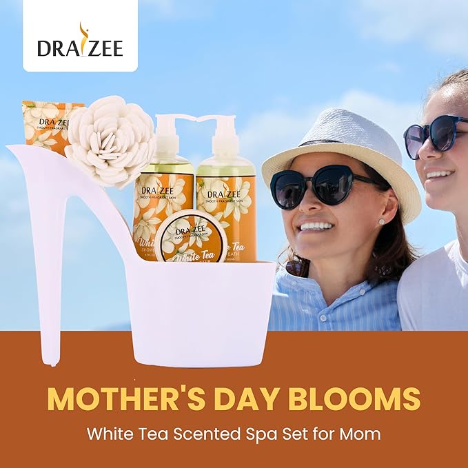 Luxury Spa Gifts for Women – 6 Pc White Tea Scented Bath and Body Set with Bubble Bath, Lotion & More – Luxury Self Care Kit for Wife, Mom, Girlfriend, Birthday Gifts for Women by Draizee