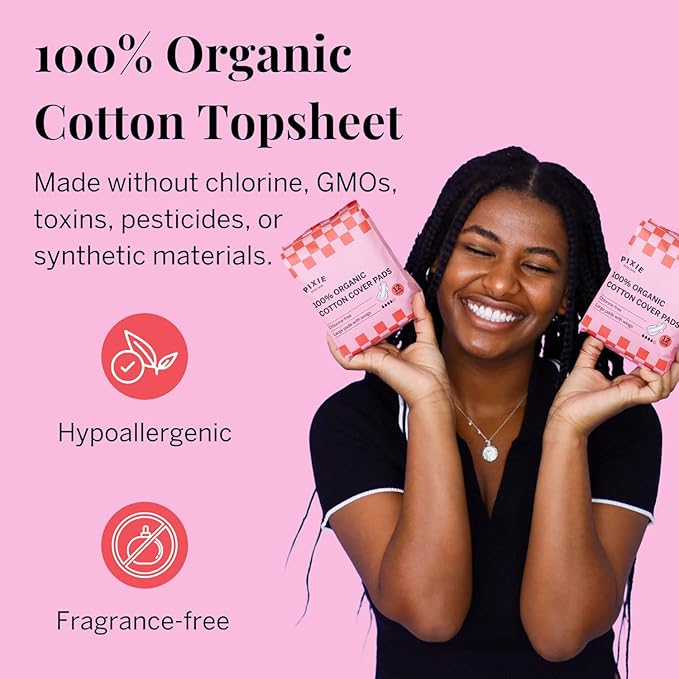 Pixie Organic Cotton Large Pads for Women - Extra Heavy Absorbency with Wings - Leak-Proof, Hypoallergenic & Unscented - Compostable, Biodegradable - 48 Count