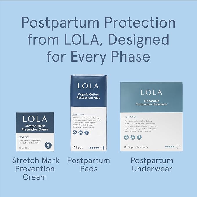 LOLA Organic Cotton Postpartum Pads - 32 Count, Ultra Absorbent and Extra Long Pads, Overnight and Full Coverage, Adult Incontinence Pad for Women, Postpartum Essentials