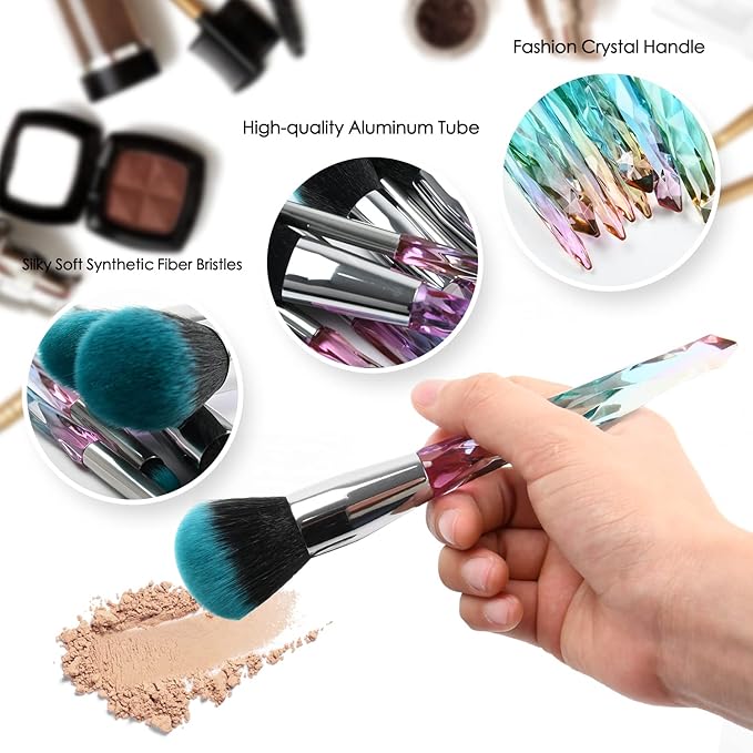 Makeup Brushes Crystal Handle Set, Tenmon 10 PCS Crystal Transparent Handle Kabuki Powder Foundation Brush Concealer Eye Shadow Eyeliner Eyebrow Brush (Green)