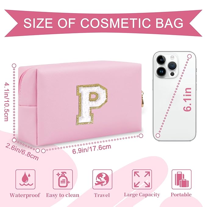 Personalized Initial A-Z Preppy Patch Makeup Bag,Small PU Chenille Letter Cosmetic Bag with Zipper for Teen Girls,Pink Cute Toiletry Organizer Bag,Monogram Makeup Case Gift for Women Girls,Letter P