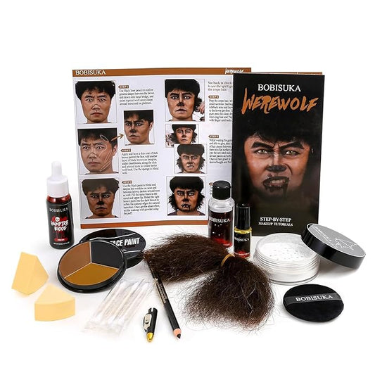 Halloween Werewolf Makeup Kit, Wolf-man SFX Make Up Kits Character Set with Face Paint, Crepe Hair & Fake Blood for Special Effects Costume Makeup, Theater, Cosplay & Party