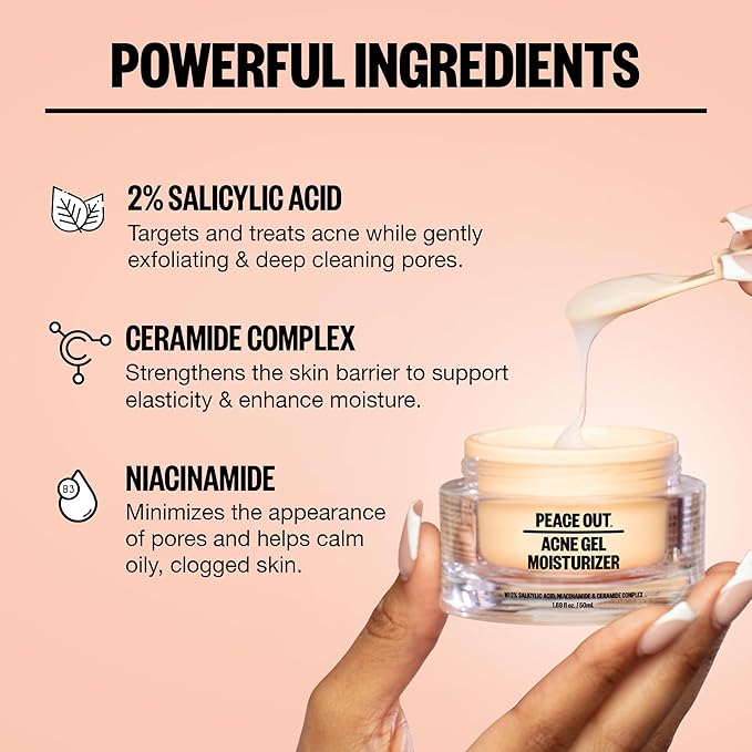 PEACE OUT Skincare Acne Gel Moisturizer, For Daily Facial Use with Salicylic Acid & Niacinamide, Boost Hydration and Help Prevent Acne & Blackheads, for Men & Women, 1.69 fl oz