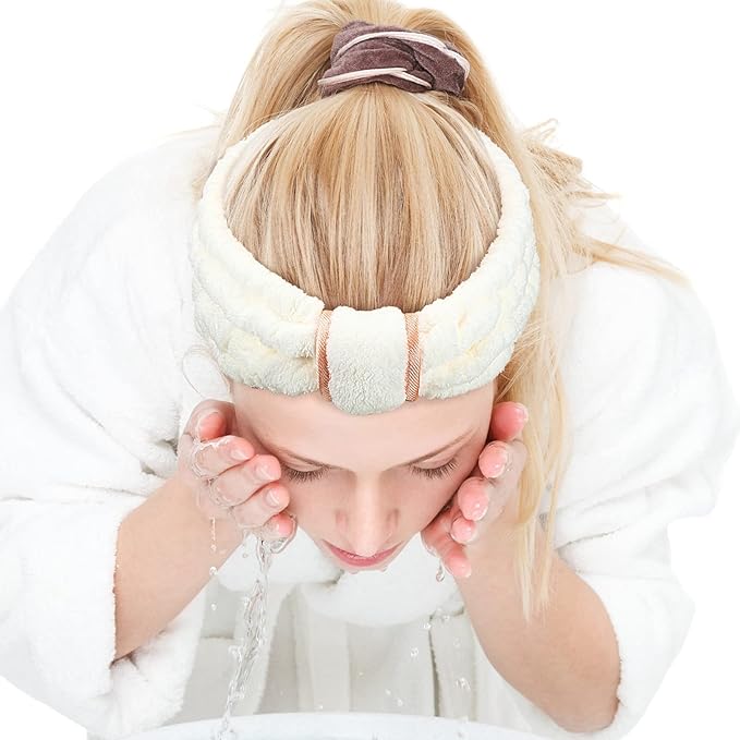 WILLBOND 4 Pack Microfiber Headbands Spa Facial Headbands Makeup Head bands Elastic Terry Cloth Head Wrap for Women Girls Washing Face Makeup Shower Yoga Sports(Beige)