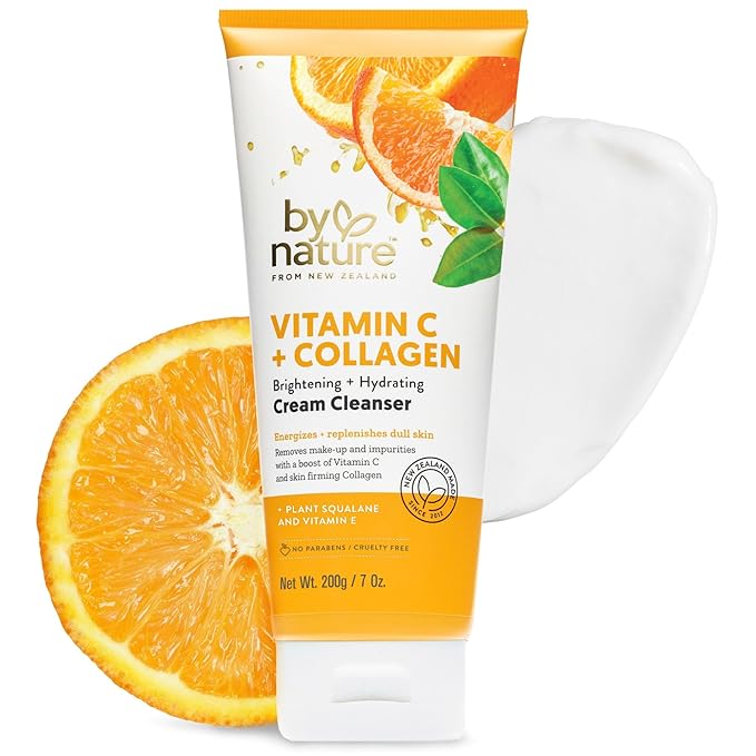By Nature Vitamin C + Collagen Face Cream Cleanser - Daily Makeup Remover and Facial Wash from New Zealand (7 Oz)