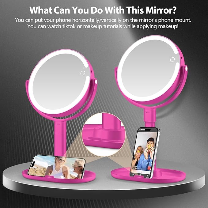 MIYADIVA Makeup Mirror with Lights, 30X Magnifying Mirror with Light and Touch Switch, Vanity Mirror with 3 Color Light and 80 LEDs, Height Adjustable Desk Mirror with Lights, Hot Pink