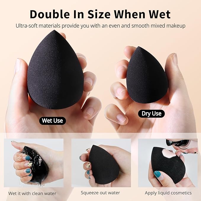 BEAKEY Makeup Sponge Set, 5 Pcs Foundation Blending Sponge, Beauty Sponges Flawless for Liquid, Cream, and Powder, Latex-Free and Vegan Boun Boun Makeup Sponges, Black