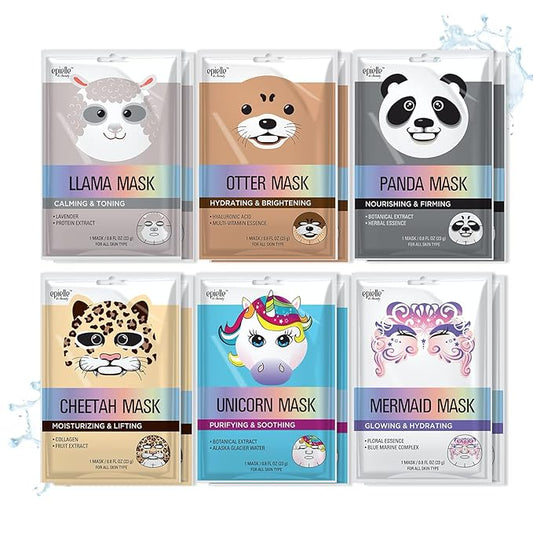 Epielle Animal Character Sheet Masks 12 Pack, Hydrating Face Mask with Hyaluronic Acid & Botanical Extract, Korean Skin Care, Girls Spa Party Favors, Sleepover, Self Care Gifts for Women