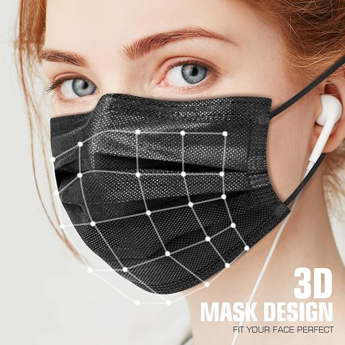 50 PCS Black Disposable Face Masks 3-Ply Filter Earloop Mouth Cover, Face Mask