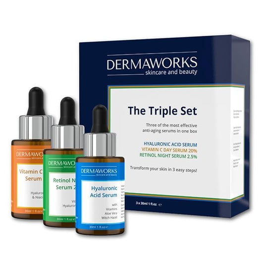 FACIAL SERUMS SKIN CARE SET – VITAMIN C Serum for Face with Niacinamide - RETINOL with Vitamin E – HYALURONIC ACID Serum with Aloe Vera - Brightening, Hydrating, Renewing, Anti Aging by DERMAWORKS