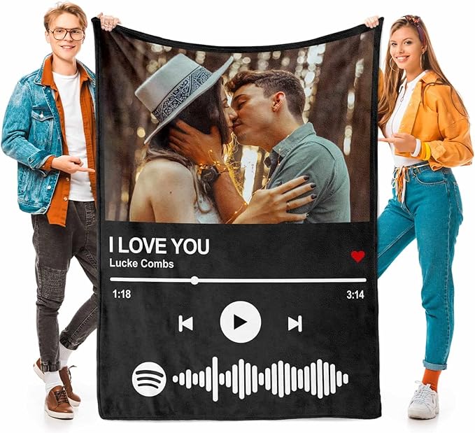 Personalized Spotify Code Music Blanket Custom Blanket with Picture Text Customized Blankets Thows Photo Blankets Customize Gifts for Mom Dad Couple Girlfriend Boyfriend Wife Husband