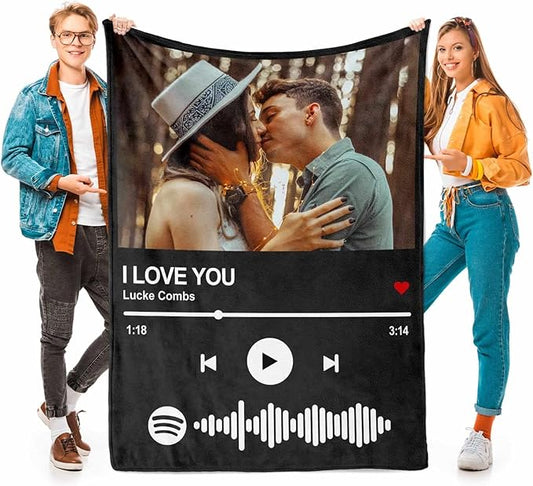 Personalized Spotify Code Music Blanket Custom Blanket with Picture Text Customized Blankets Thows Photo Blankets Customize Gifts for Mom Dad Couple Girlfriend Boyfriend Wife Husband