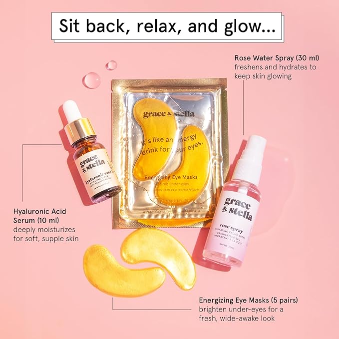 grace & stella Award-Winning Skin Care Set - Birthday Gifts for Women - Travel Essentials with Gold Eye Masks, Hyaluronic Acid Serum & Rose Spray - Bachelorette Party Favors, Teen Girl Gifts - Vegan
